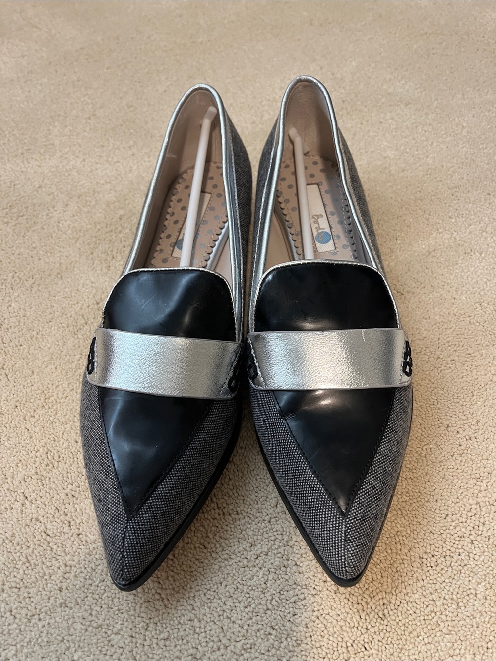 Boden “Octavia” Pointed Slip-On Loafers in Black, Tweed & Silver - size 39